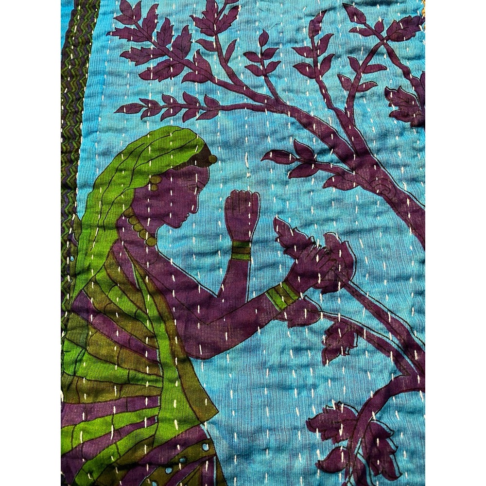 Boho Kantha Quilt Throw Vintage Indian Textile Floral Handmade Cotton Tapestry